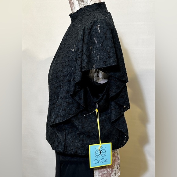 CECE Black lace flutter sleeve smocked top size M‎ - Picture 6 of 14